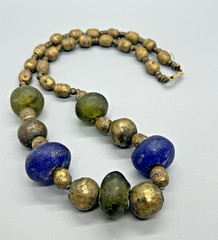 Vintage Blue Green Tumbled Glass Brass Beaded Necklace 24”