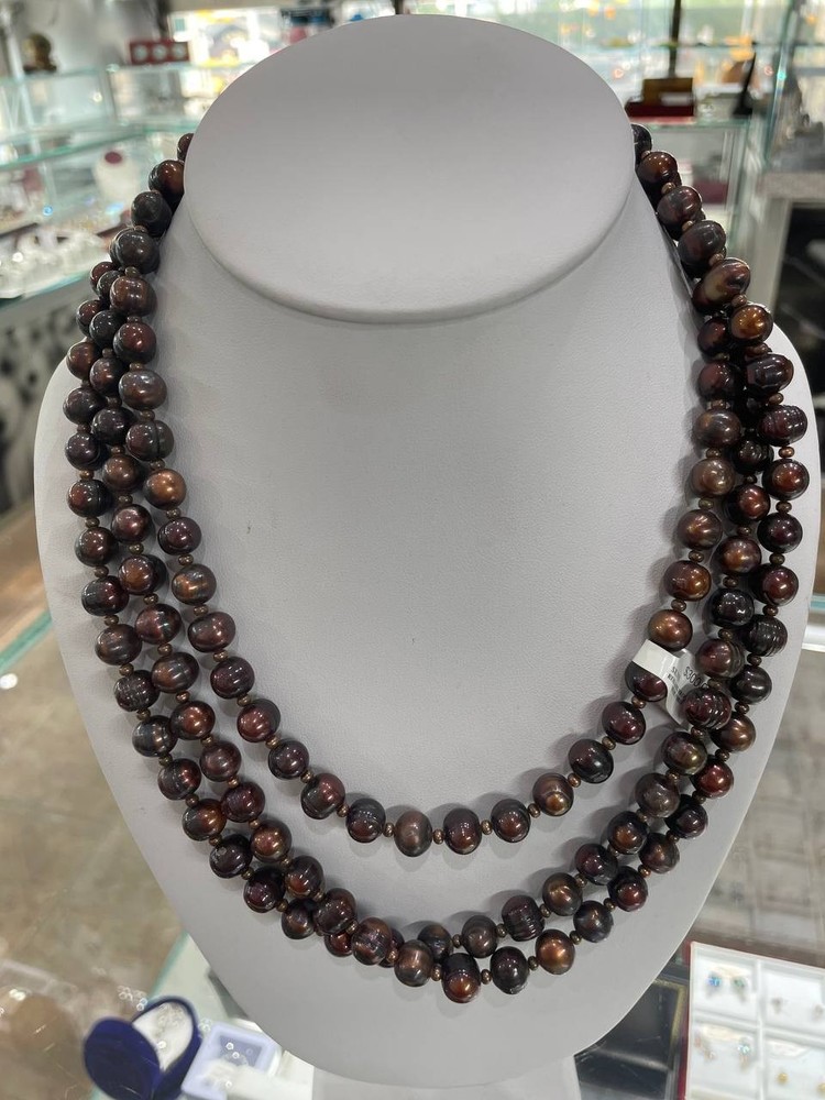 Multi-strand chocolate real brown pearl long necklace