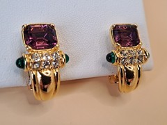 VTG Nolan Miller Clip On Earrings Gold Tone Purple Green Retro Glam Dynasty