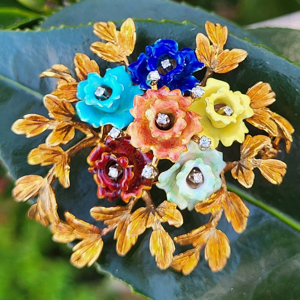 Vintage Italy 18K Gold Colorful Flower & Diamond Brooch KG Old Italian Jewelry