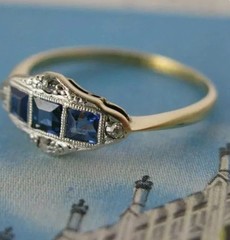 Art Deco Vintage Style Sapphire Created Diamond 14K Gold Finish Engagement Ring