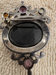 Vintage sterling silver brooch, large black onyx cabochon, marcasite gemstones