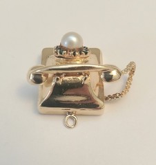Antique telephone charm solid 14kt yellow gold with pearl and green emeralds