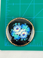 Vintage Wood Hand Paint Russian Lacquer Blue Green Floral Flower 2″ Brooch Pin