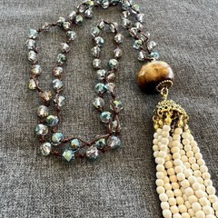 Art Deco Style Aroura Crystal Rhinestone 36” Long Necklace With Beaded Tassel