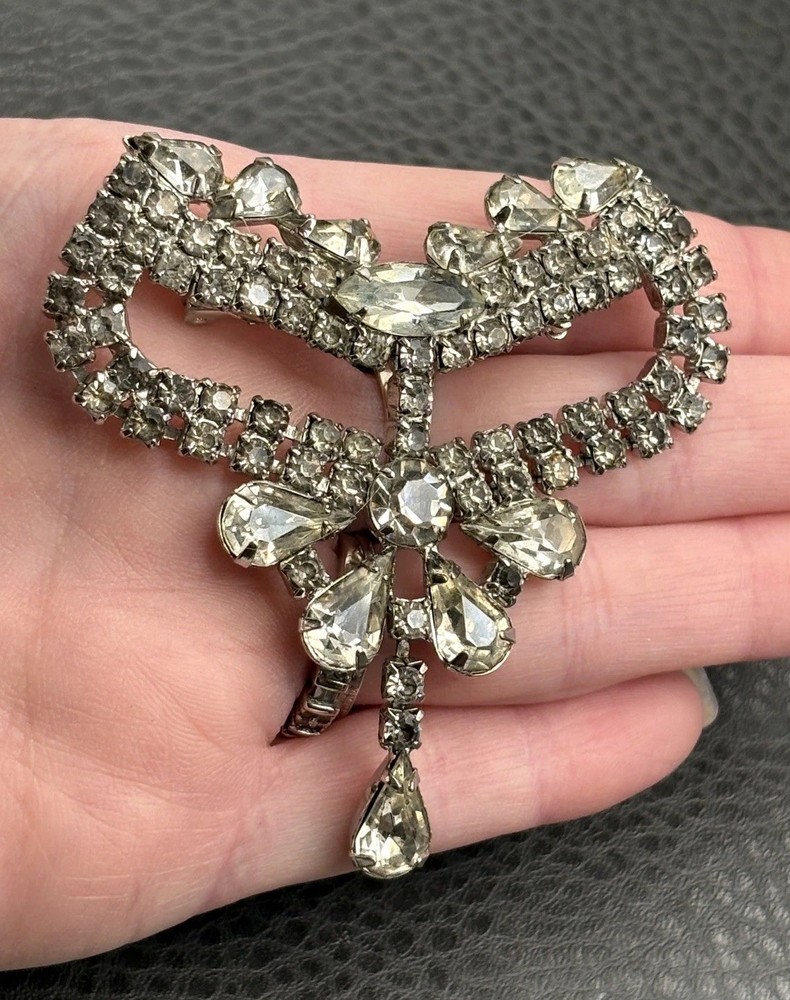 Vintage Art Deco Large Rhinestone Bow Brooch Pin Crystal Dangle Drop High End