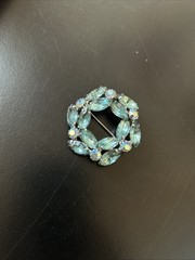 Vintage Aqua Blue Rhinestone Wreath Brooch and Clip On Earrings Set AB Accents