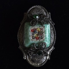Antique Silver Tone Millefiori Micromosaic Brooch Pin Green Rhinestones Art Deco