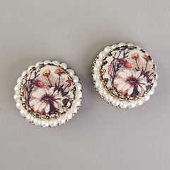Vintage Sugared Flowers Clip On Earrings West Germany Round Faux Pearls 7/8″
