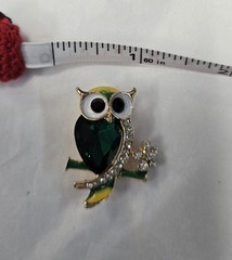 Green Glass Rhinestone Owl Bird Brooch Pin