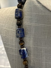 Lapis Lazuli & Tigers Eye Gems Necklace 20” Pierced Earrings 1 3/4” By 1/4”