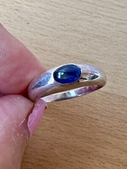 VINTAGE BLUE SPINEL CABOCHON FLUSH SET GYPSY STYLE RING 925 STERLING SILVER