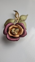 Vintage Enamel Rose Brooch Purple Blush Gold Tone Stem Leaf Flower Pin