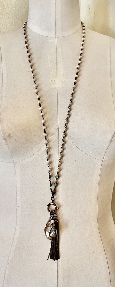 Vtg 35” Beaded Chain Necklace W Charms 20” Drop
