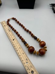Vintage Wood Bead Necklace Brown Tan Graduated Round Barrel Beads 20 Inch