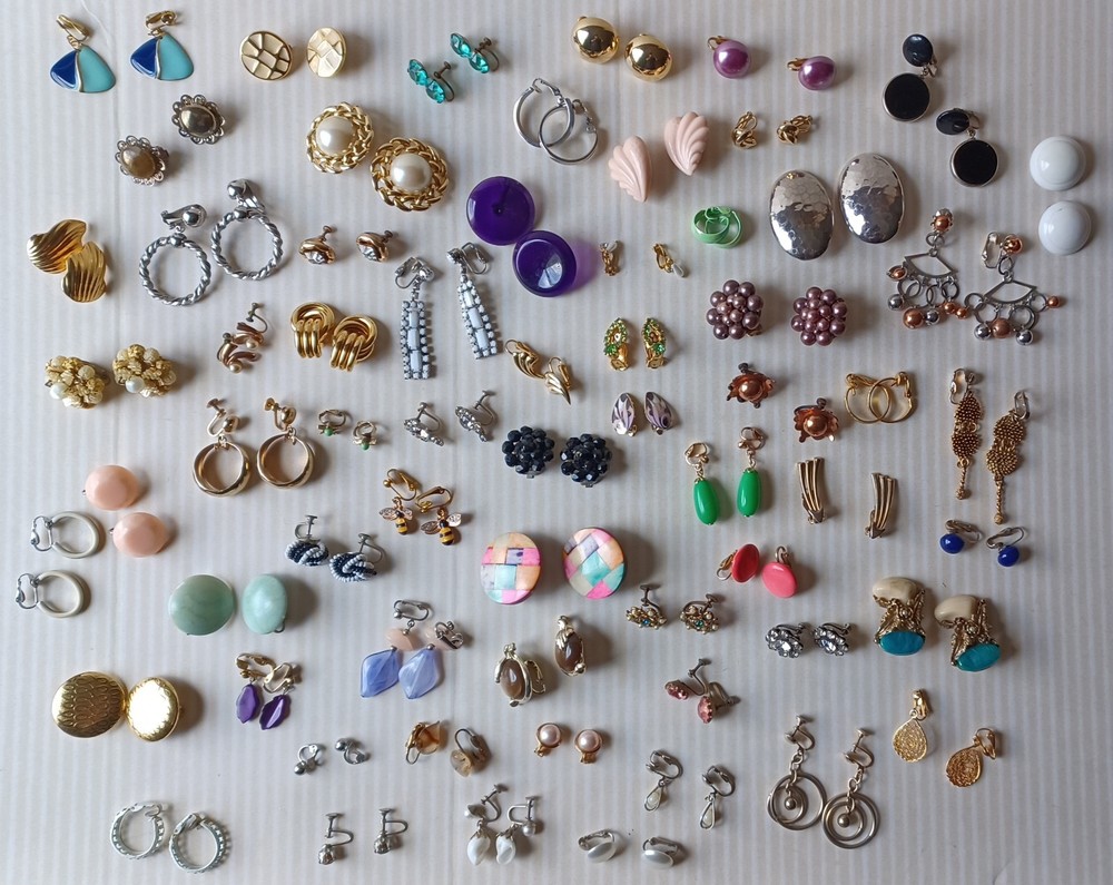 Lot 63 Pair Vintage Clip Screw Back Earrings Mixed Materials Tones Some Wear