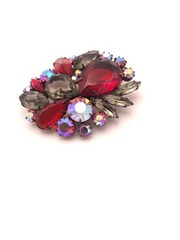 Vintage Austria Red-Grey and Aurora Rhinestone Brooch and Earrings Set