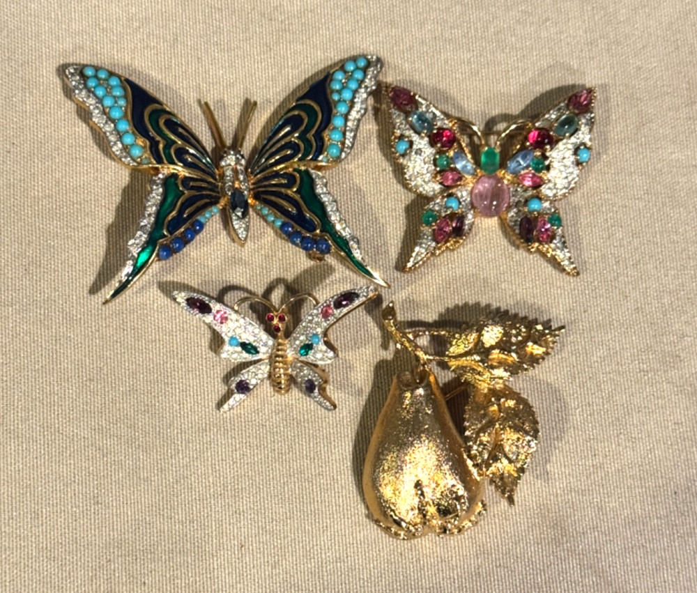 Vintage Lot of 4 Jomaz Joseph Mazer Brooches 3 Butterflies & 1 Pear