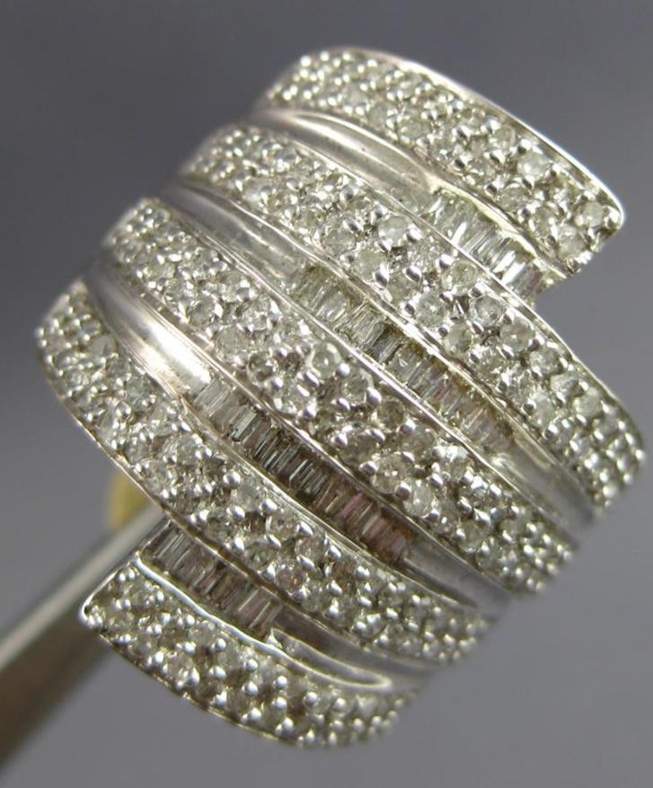 LARGE 1.52CT DIAMOND 14KT WHITE GOLD ROUND & BAGUETTE MULTI ROW ANNIVERSARY RING
