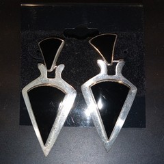 VTG 925 Sterling Modern Art Deco Design Onyx Inlay Drop Post Earrings Triangular