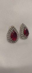 Vtg Red Ruby & Diamond Cubic Zirconia Rhinestone Earrings, Prong Set Silver Tone