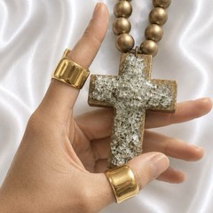 Vintage Original Shattered Fine Art Glass Cross Gold Wood Prayer Beads Necklace