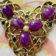 Vintage Chain Link Necklace With Purple Rhinestones Cabochon Beads AS IS