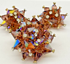 Vtg Smoky Quartz Amber AB Rhinestone 3D Pyramid MCM Geometric Brooch Earring Set