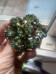 Weiss Green Rhinestone Flower Brooch Signed