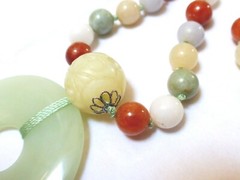 Vintage Chinese Multi-Color Jade 9mm Beads Necklace Pendant, Silver Clasp, 25″