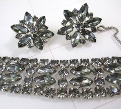 Vintage Silver Smoky Gray Navette Rhinestone Bracelet Earrings Set Kramer Style