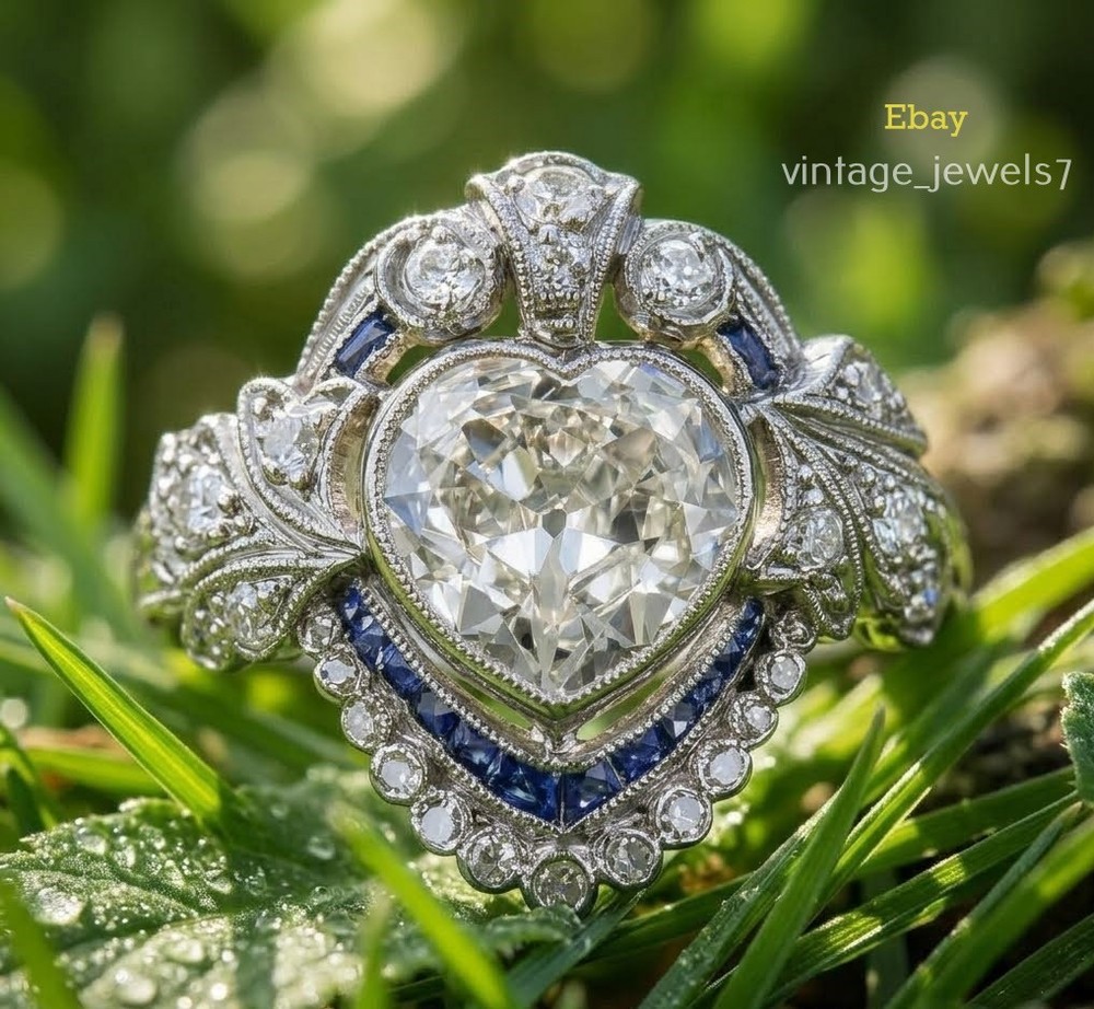 3.50CT Heart Lab Created Diamond Vintage Art Deco Engagement Ring 14K Gold Over