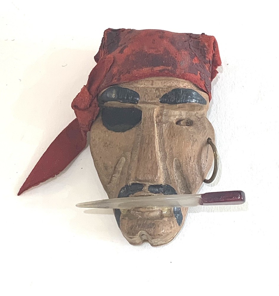 Vintage Wood Leather & Lucite Pirate Head Pin