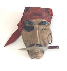 Vintage Wood Leather & Lucite Pirate Head Pin