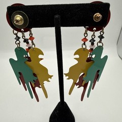 Vintage Dangle Enameled Parrot Earrings 4”