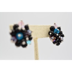 Vintage Cluster Pierced Earrings Crystal Beaded Multi-Color Chunky 1970s BinAR