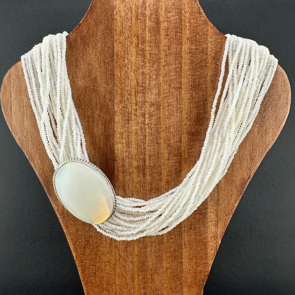 Vintage Seed Bead Opalite Necklace Multi Strand Large Oval Station Pendant 17″