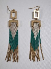 Vtg Pierced Hook Earrings w/ Box Chain Dangles Gold Silver Turquoise Color 4″