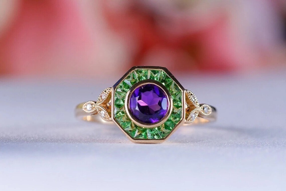 Art Deco Amethyst & Emerald Lab Created Diamond Wedding Ring 14K Yellow Gold FN