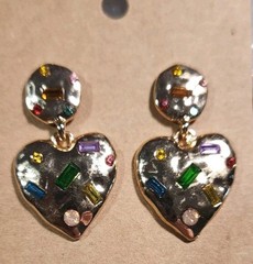 Textured Antique Gold Heart Earrings With Rhinestones Post Dangle