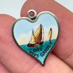 Antique German? 800+ Silver ENAMEL HEART CHARM “DIEU VOUS GARDE” Sailboat c1900