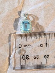 VINTAGE SKY BLUE TOPAZ EMERALD CUT STERLING SILVER 925 PENDANT W/ CZ ACCENTS