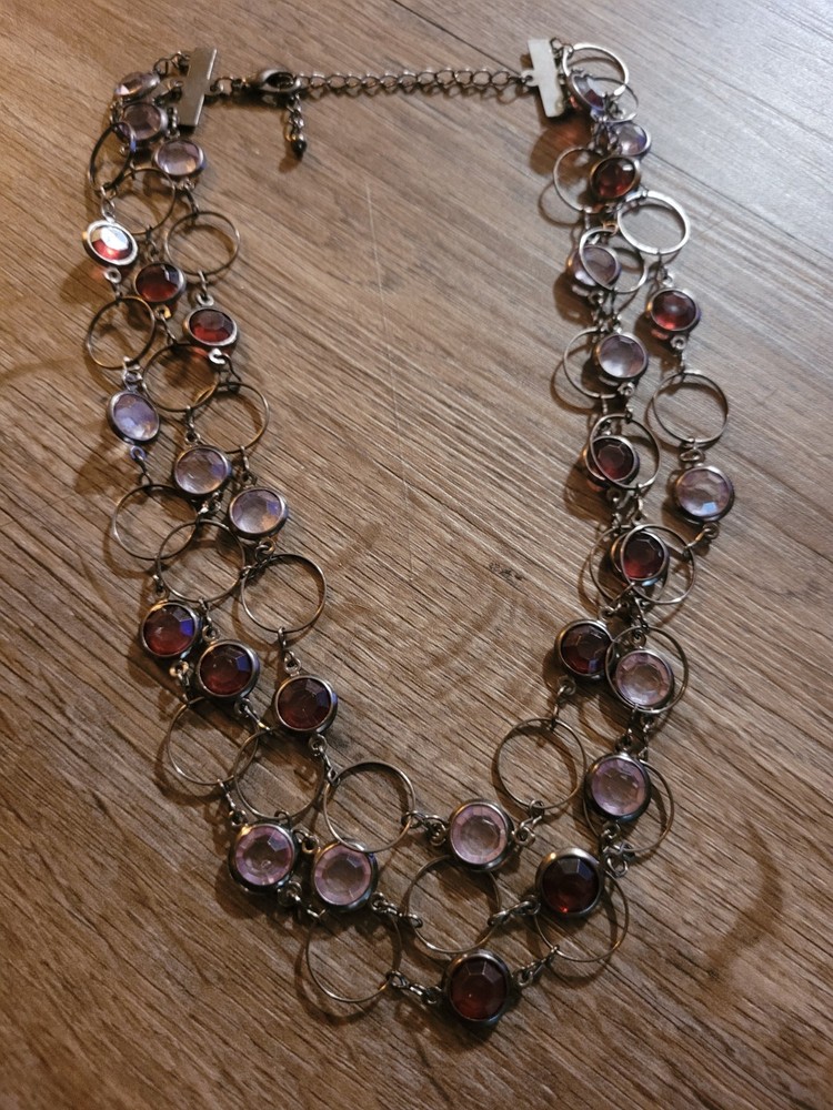 Purple Bezel Set Stationed Necklace Multi Strand Gun Metel Color Lobster Clasp