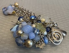 80s Vintage Signed Joe Gladish Brooch Glass Flower Beaded Rhinestone Chains 4.5″