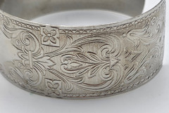 Vtg.Engraved Silver Tone Cuff Bracelet 6 in Floral Scroll Victorian Revival