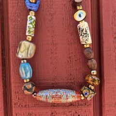 Vintage Boho Beaded Necklace Painted Glass Carved Wood Shell Metal Beads