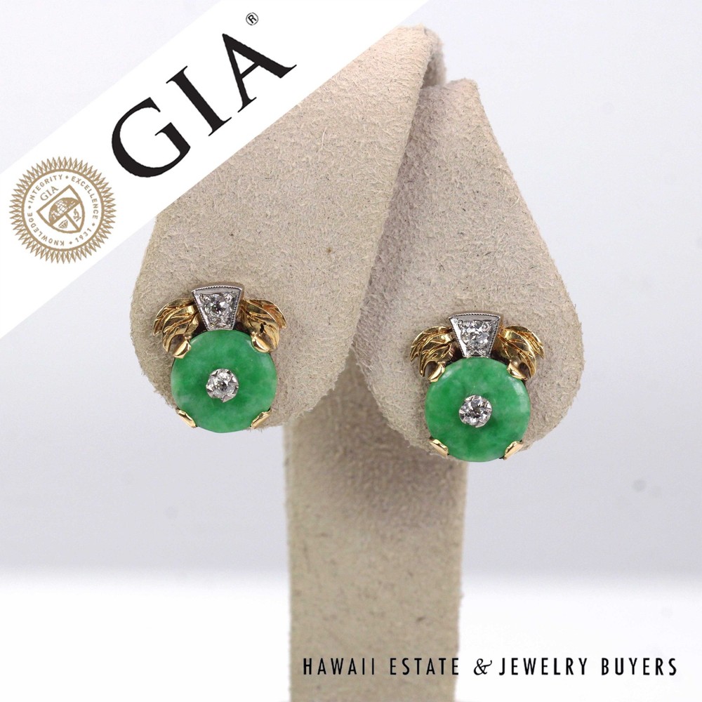 GIA Type A Green Jadeite Jade Donut Diamond 0.25ctw 14K Yellow Gold Earrings