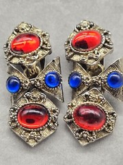 Vintage 1990s Earrings Gripoix Glass Cabachon Etruscan Style Dangle Repurpose
