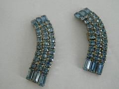 Vintage Pale Blue Round and Baguette Rhinestone Dress Clips Silver Tone
