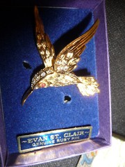 Evan St Clair Genuine Ruby Rhinestone Hummingbird Brooch Gold tone figural inbox
